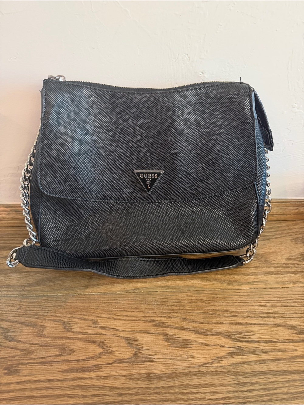 Guess Black Shoulder Bag with Silver Chain Accent
